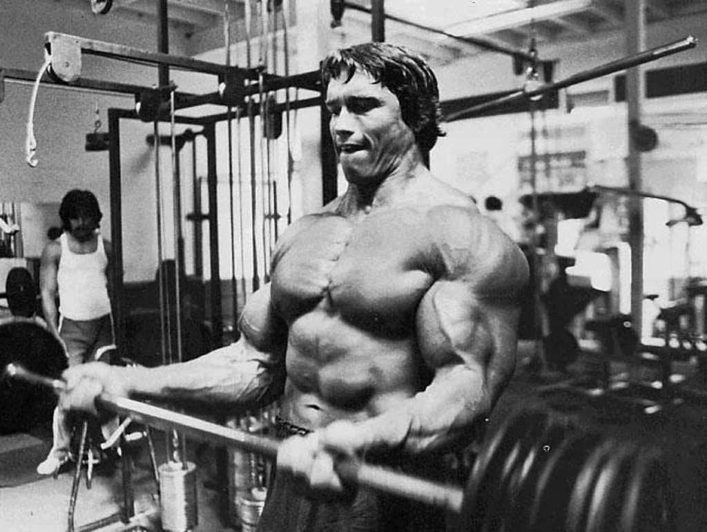 Arnold Schwarzenegger : curl con bilanciere